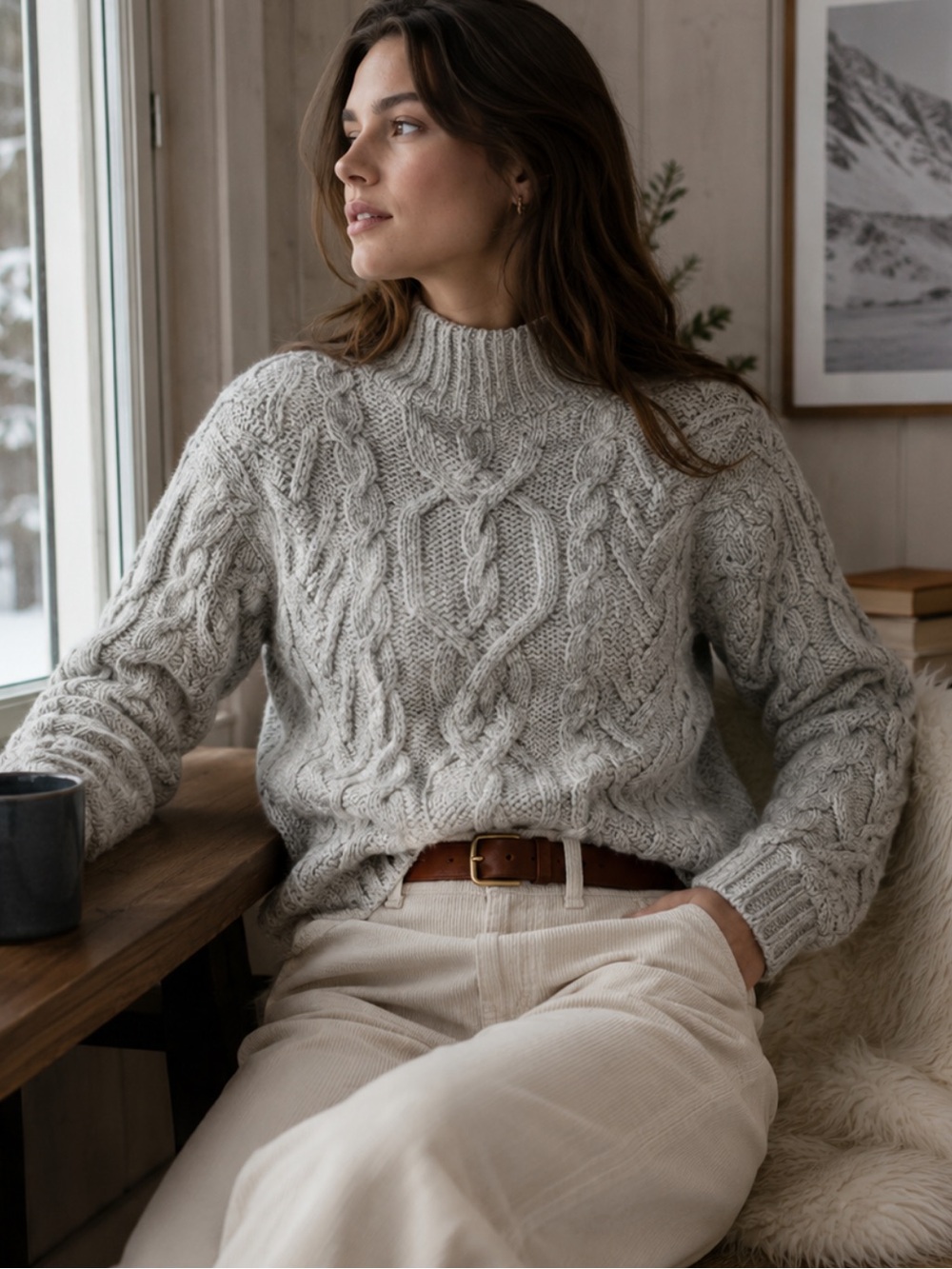 Ralph Lauren Vintage Lauren Heather Gray Cable Knit Turtleneck Sweater